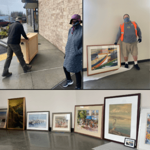 Edmonds Arts Festival Foundation volunteers load EAFF's art collection into the new Edmonds Waterfront Center.