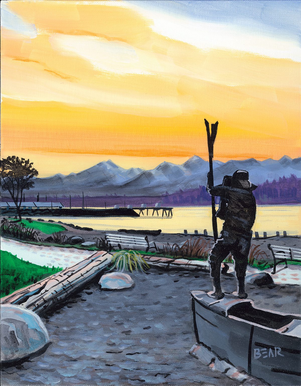 Bear Carpenter painted scene of sunset from Edmonds Beach featuring Sail On statue